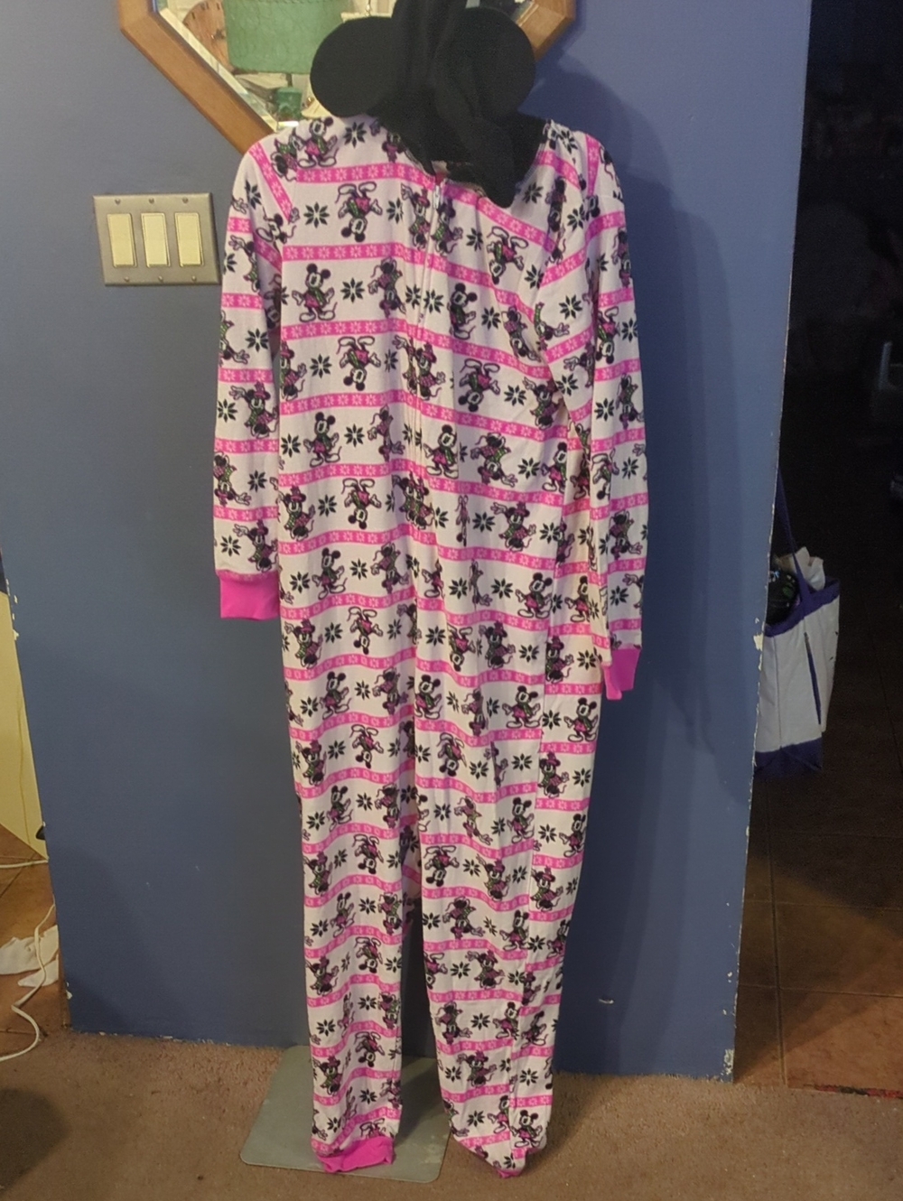 Disney Lg Hooded Mickey & Minnie Mouse Ears Fleece Onesie Jumpsuit Pjs Footless